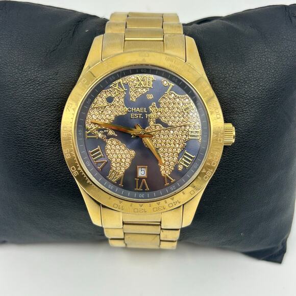 Michael Kors MK-6243 Gold Tone World Map Women’s Watch, 44mm Working - Picture 1 of 8